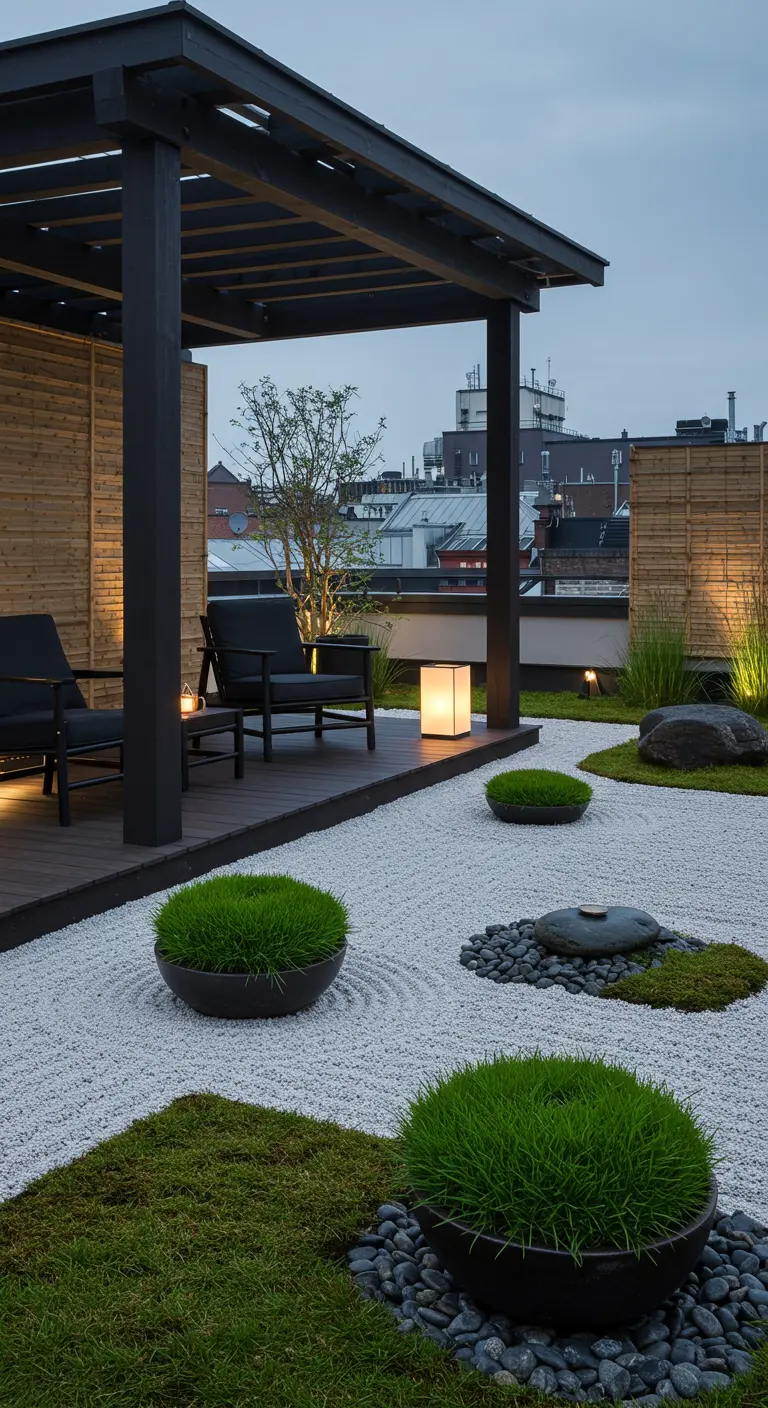 A Japanese-inspired rooftop garden with a Zen rock garden, moss, and a dark wood pergola and deck.