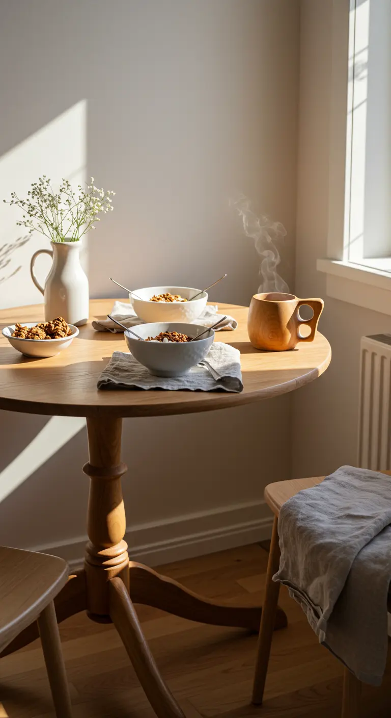 A sunlit round wooden table set for breakfast with baby's breath in a pitcher.