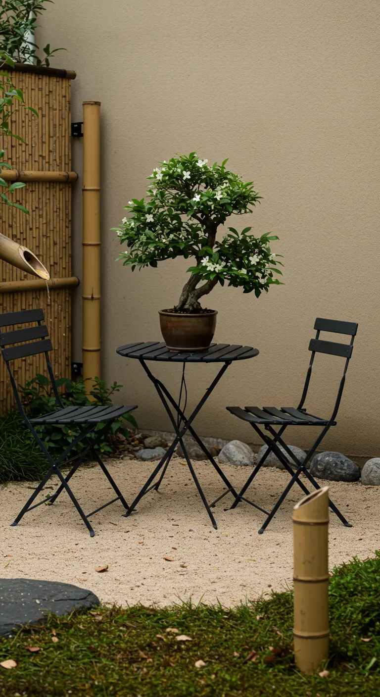 A black bistro set in a zen garden with sand, bamboo, and a jasmine bonsai tree.