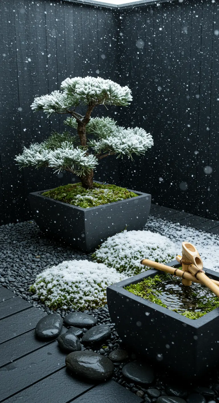 A snow-dusted bonsai tree in a charcoal planter on a modern balcony with pebbles.