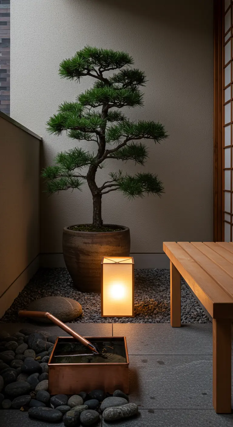 A minimalist zen balcony with a bonsai tree, river stones, and a traditional copper water feature.