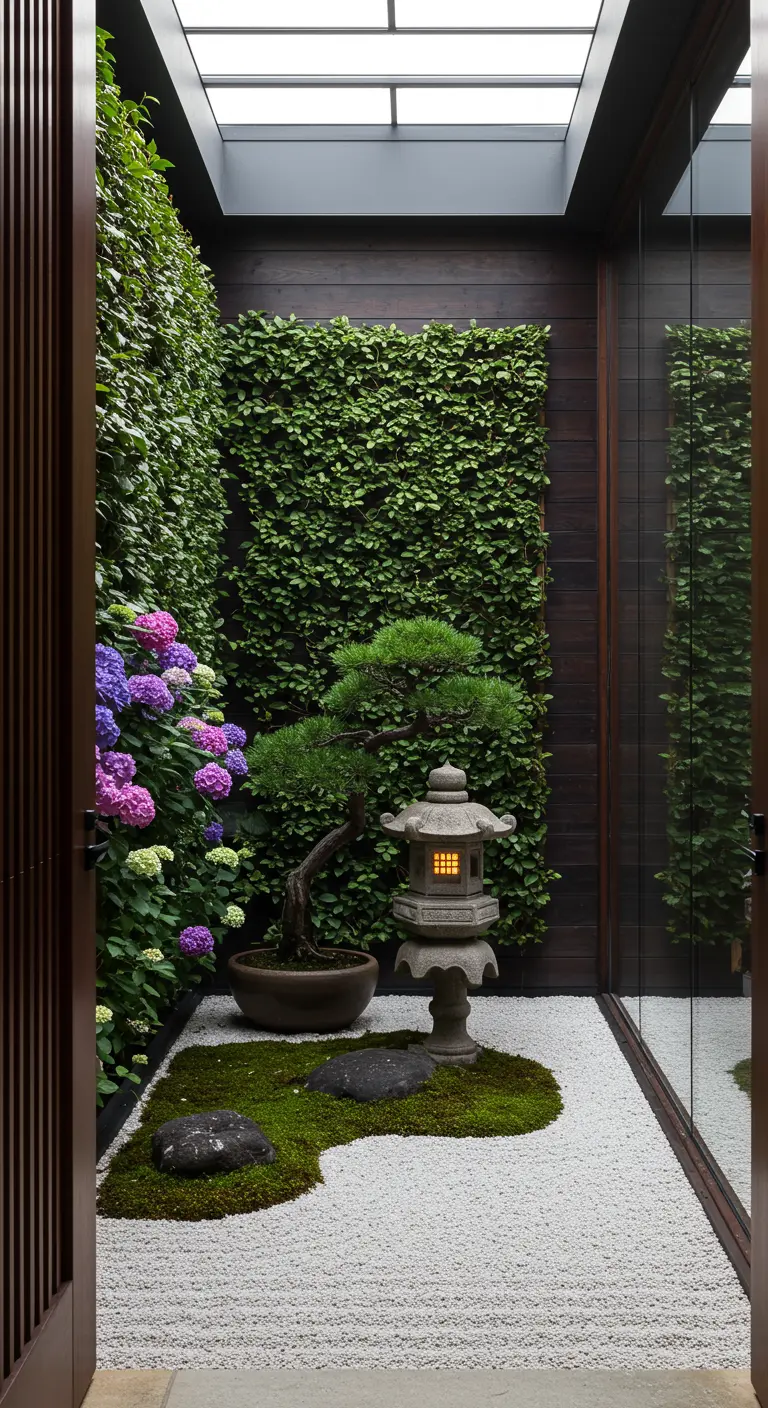 A small Japanese zen garden with a bonsai tree, moss, white gravel, and a stone lantern.
