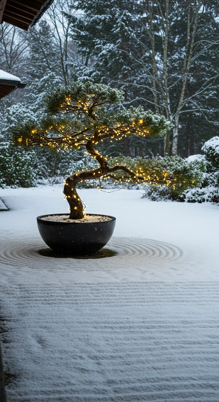 A single, illuminated bonsai tree in a black pot, set in a snowy Zen garden.