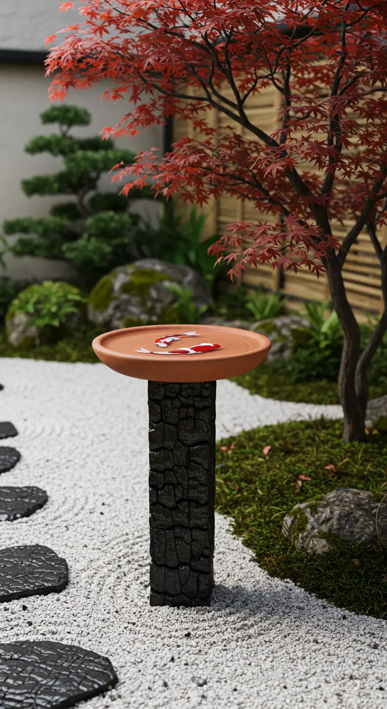Minimalist birdbath with painted koi fish on a charred wood post in a Japanese garden.