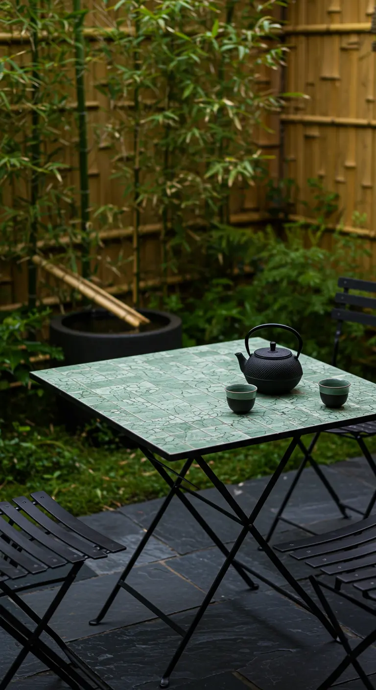 Square green mosaic table with a black teapot in a zen garden with a bamboo fence.