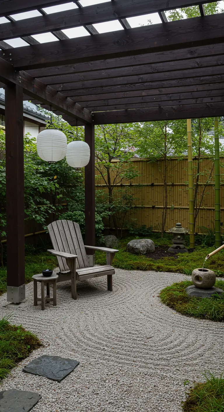 A single Adirondack chair in a Japanese-style garden under a pergola with paper lanterns.