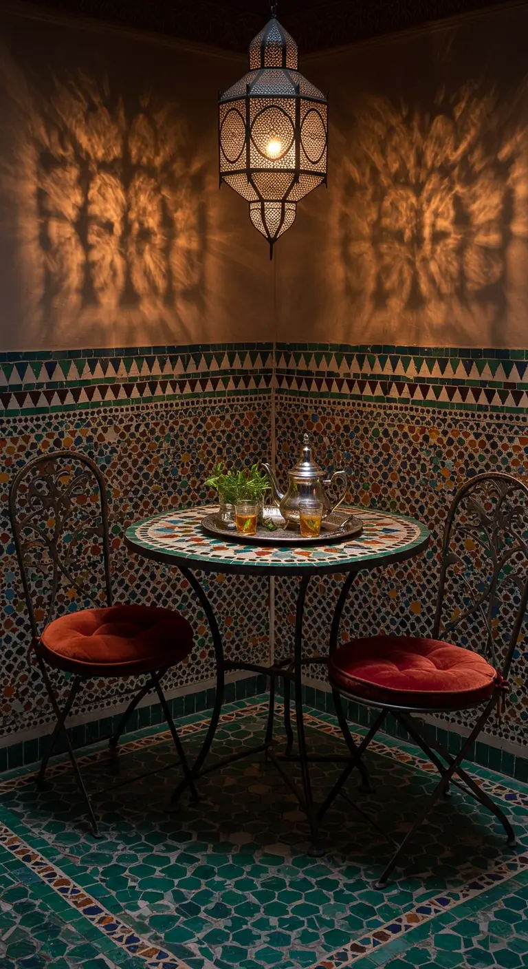 Mosaic bistro set in a cozy corner with Moroccan tiles and an ornate lantern overhead.
