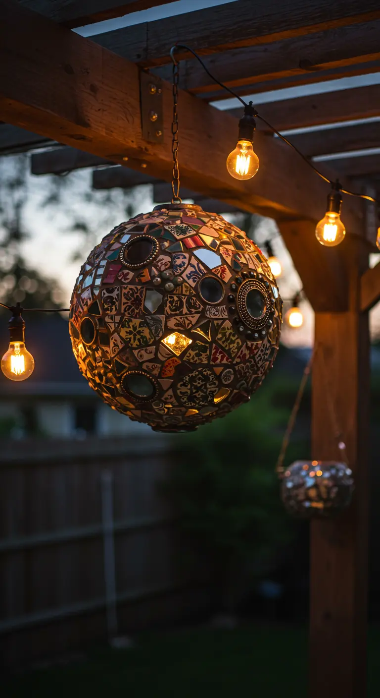 A hanging mosaic sphere lit from within, suspended from a wooden pergola at dusk.