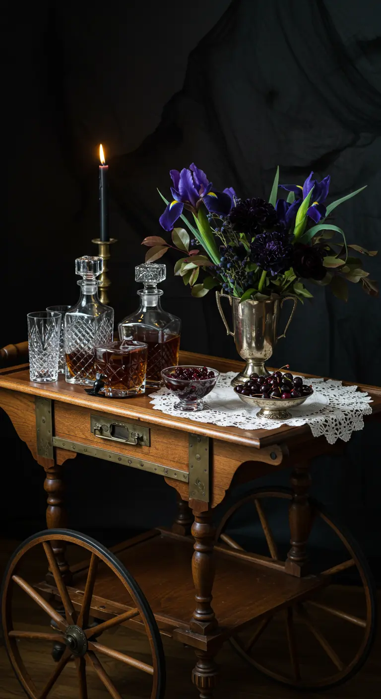 A vintage wooden bar cart styled with crystal decanters and a vase of dark purple flowers.
