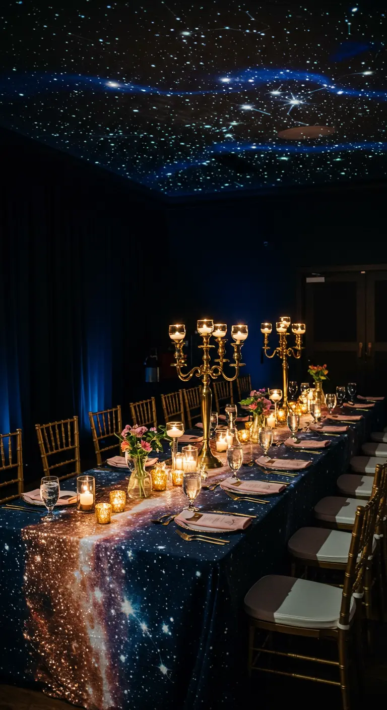 A dinner table set with a galaxy-print tablecloth and a starry night projection on the ceiling.