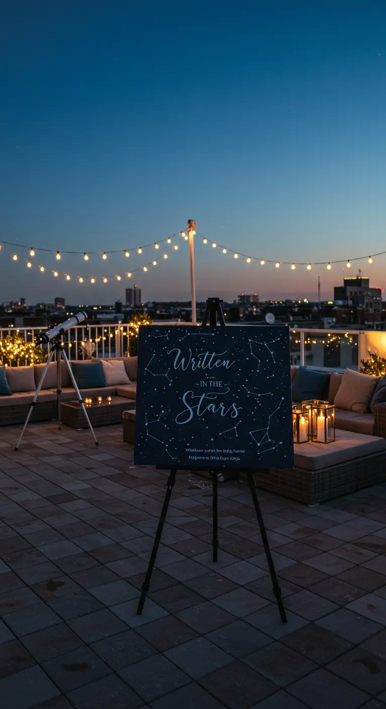 A 'Written in the Stars' sign on a rooftop patio at night, with constellations drawn on it.