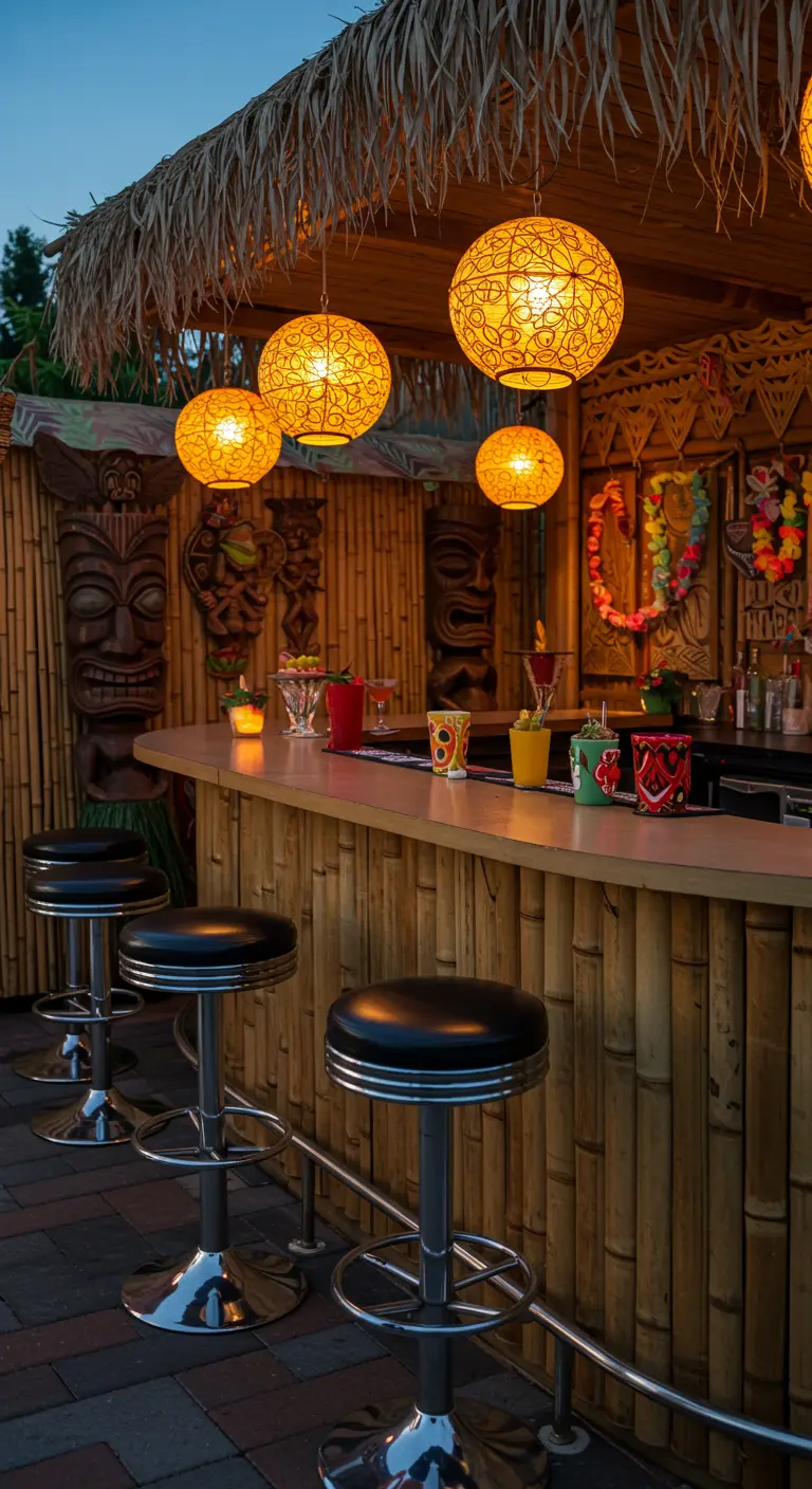 A retro tiki bar with classic padded bar stools and intricate yellow patterned pendant lights.