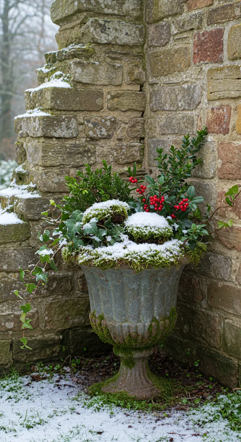 A weathered urn with ivy, moss, and holly tucked into the corner of an old stone wall.