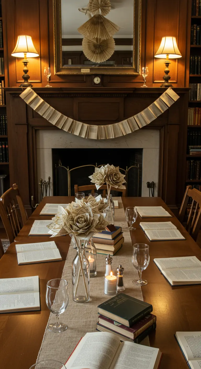 A dinner table decorated for a book-themed party with paper flowers and garlands.