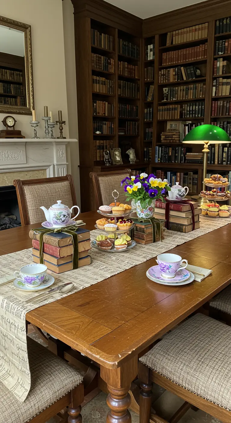 A tea party table in a library with books used as stands for teapots and treats.