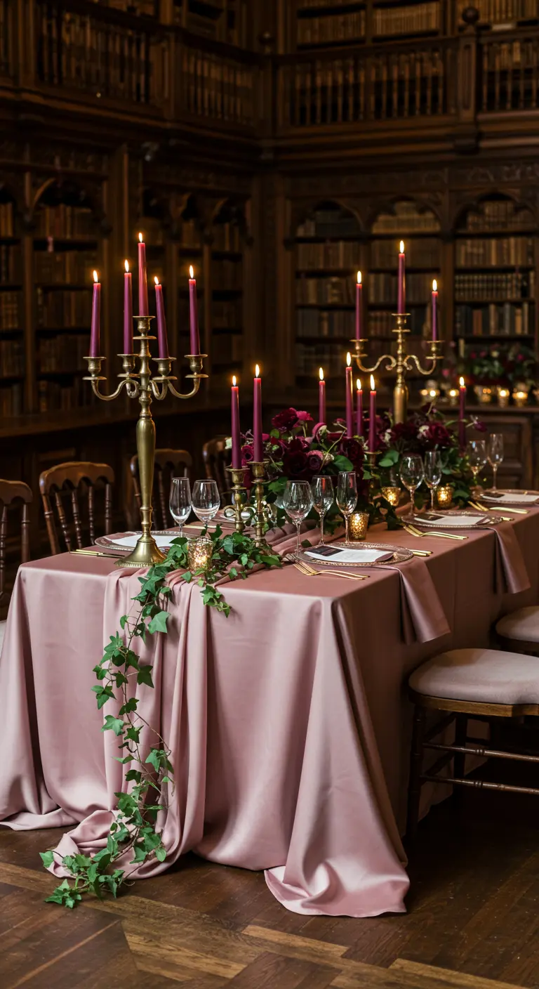 A long table in a library with a mauve tablecloth, brass candelabras, and magenta candles.