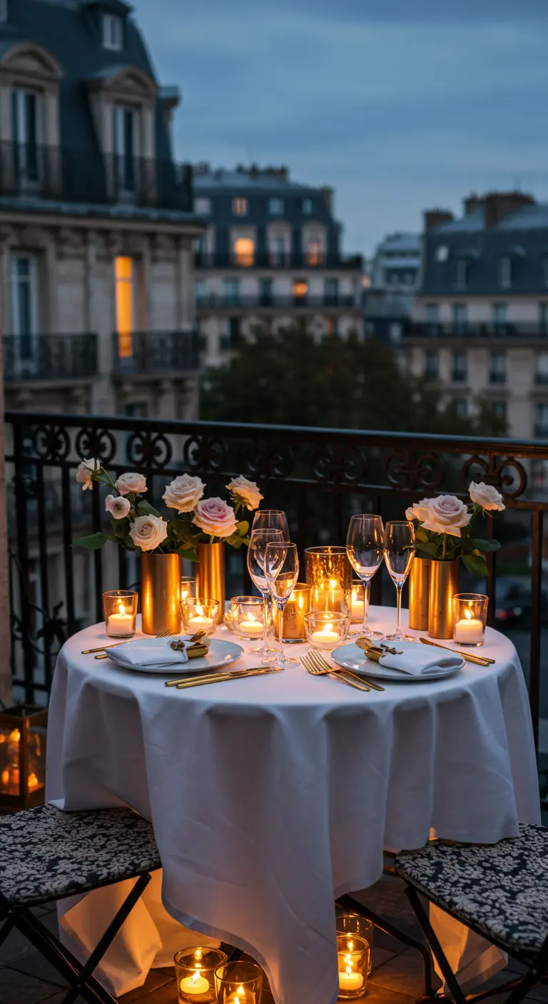 Romantic dinner on a Parisian balcony at dusk, with candlelight and a city view.