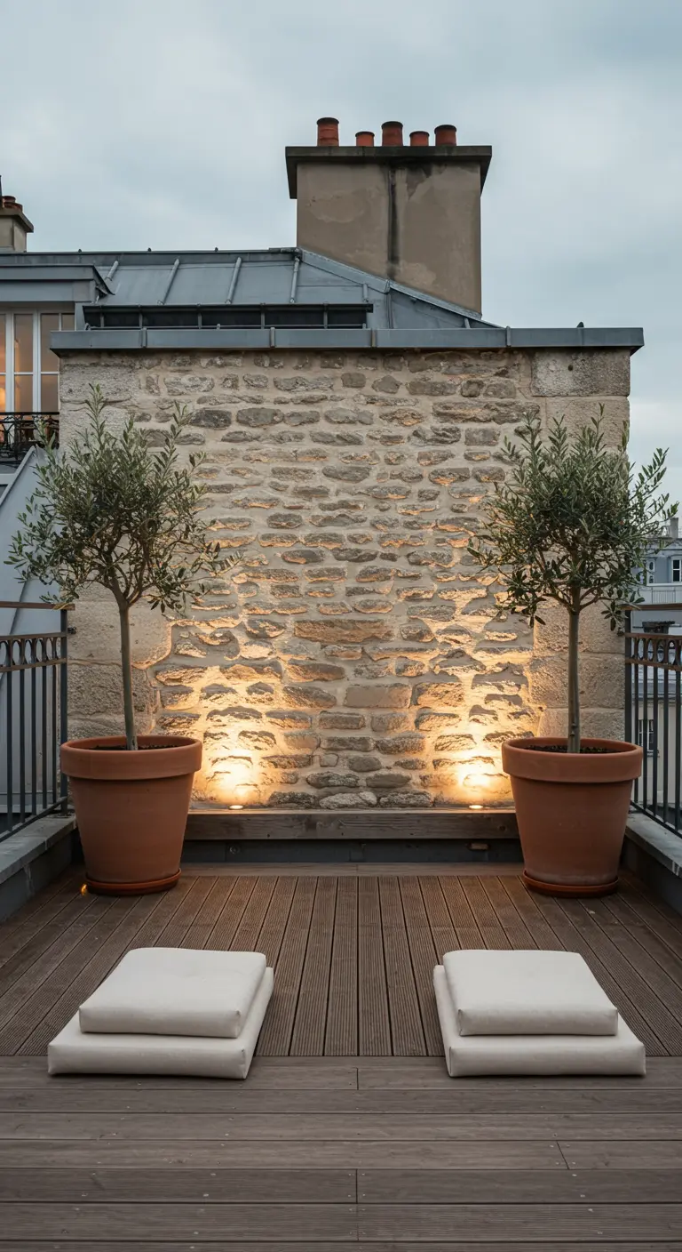 Two olive trees in terracotta pots on a wooden deck with uplights against a stone wall.