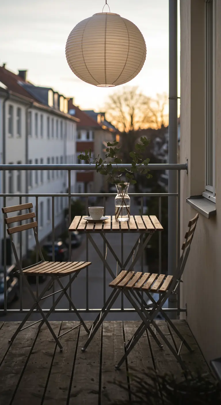 A small balcony with a wooden bistro set, a hanging paper lantern, and a vase of eucalyptus.