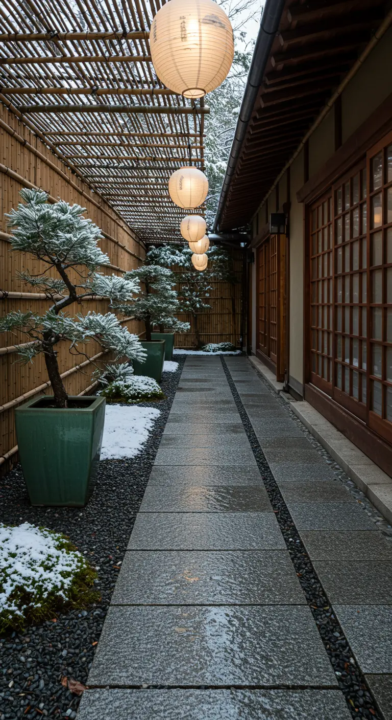 A narrow Japanese-style walkway with a bamboo roof, paper lanterns, and potted bonsai trees.