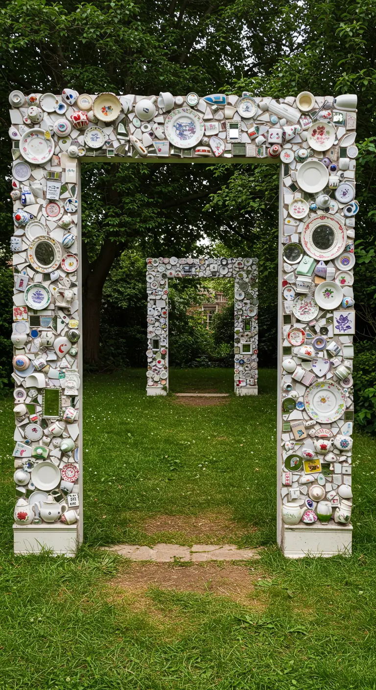 Three freestanding mosaic doorways made of broken china, set one behind the other in a lawn.