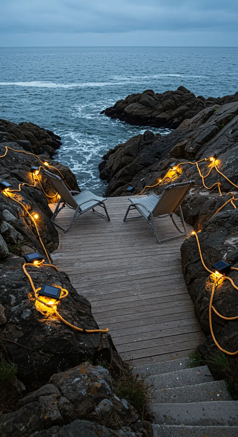 Lounge chairs on a platform among rocks, with a solar rope light illuminating the path.