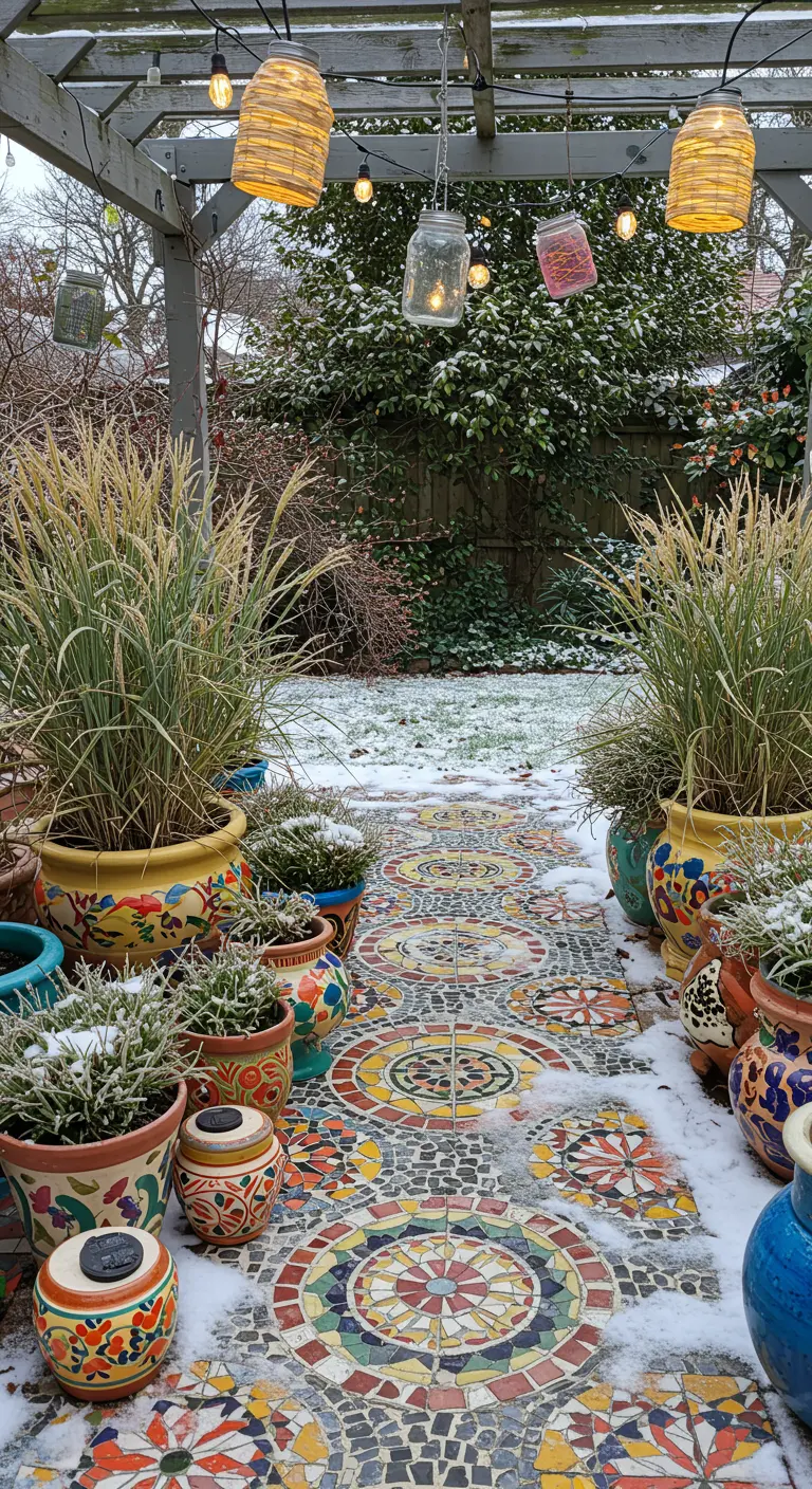A colorful mosaic tile path in a snowy garden, surrounded by painted ceramic pots.