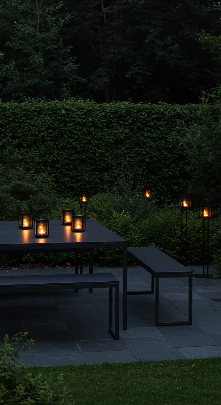 A minimalist black dining set in a dark garden, illuminated by matching black candle lanterns.