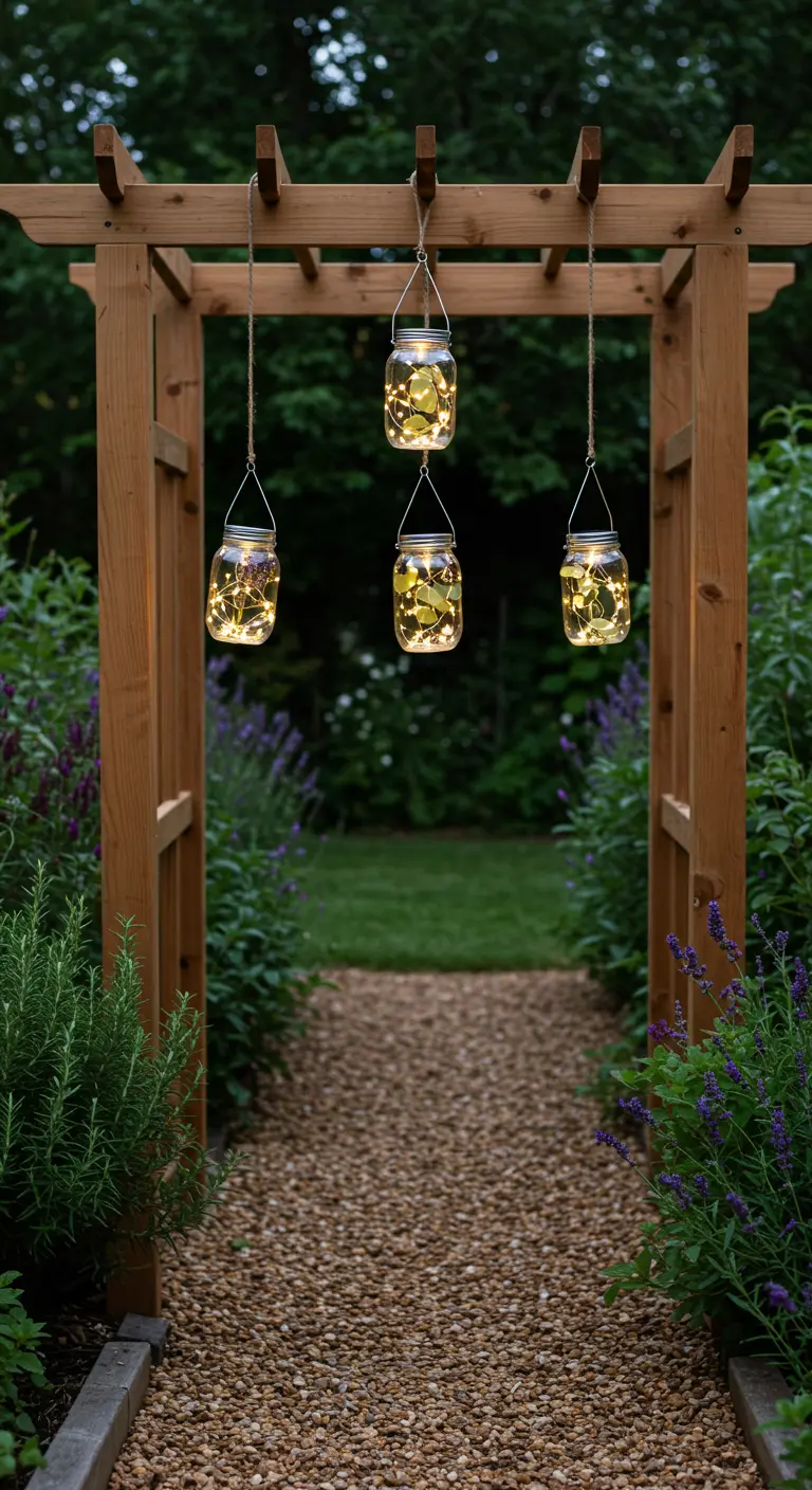 Cedar garden arbor with four hanging solar jars above a gravel path and herbs.