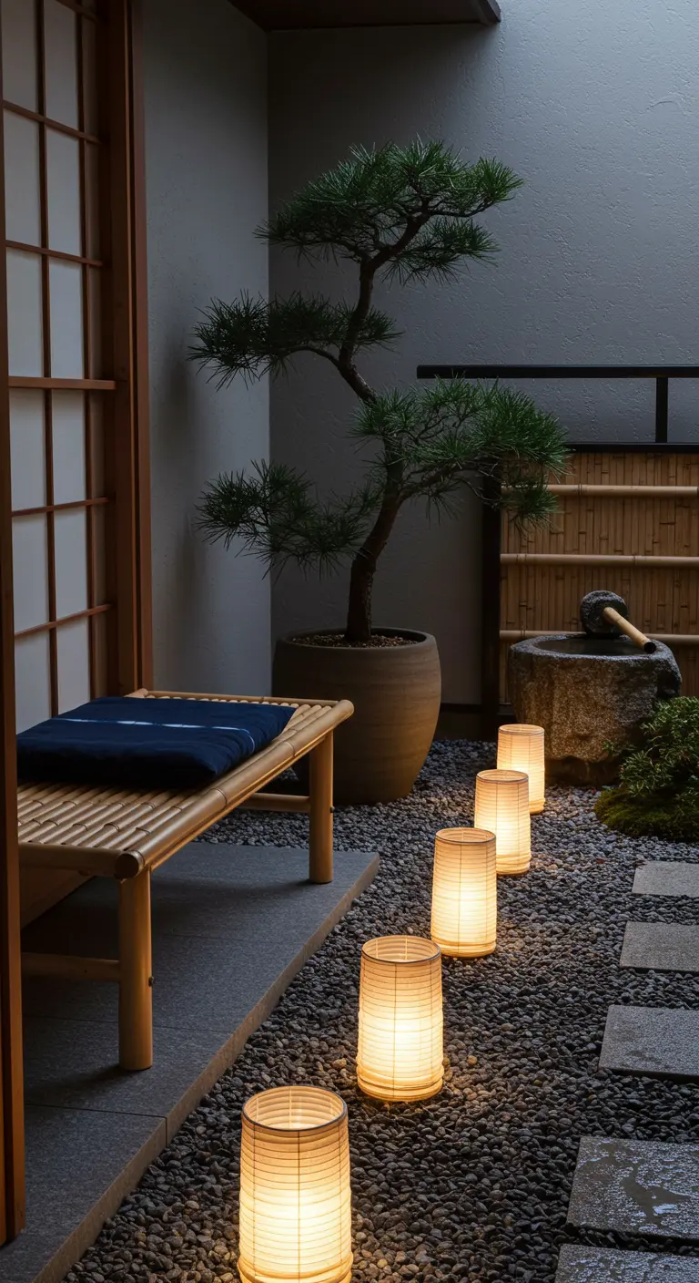 Japanese-style patio with a gravel path lined by glowing cylindrical paper lanterns.