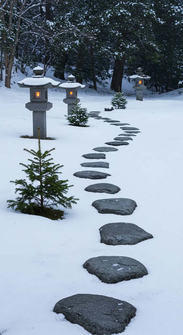 Snowy Japanese garden with stone lanterns and a winding stepping stone path.