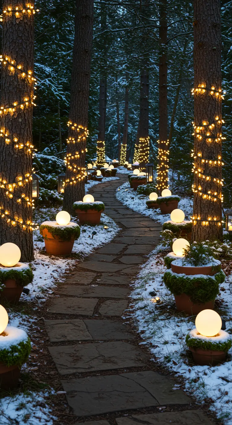 A winding stone path in a snowy forest, illuminated by glowing orbs in mossy pots.