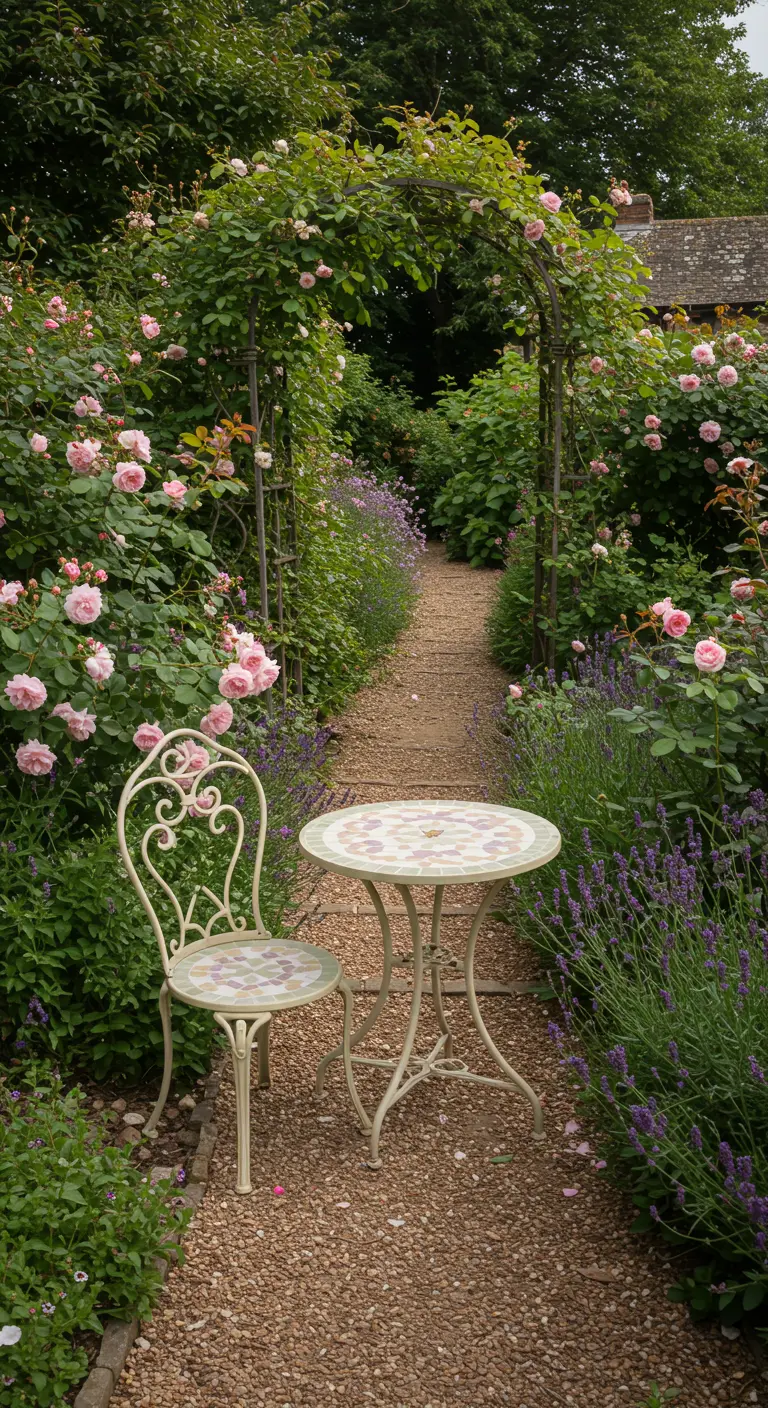 A single ornate cream-colored bistro chair and table nestled in a lush rose and lavender garden.