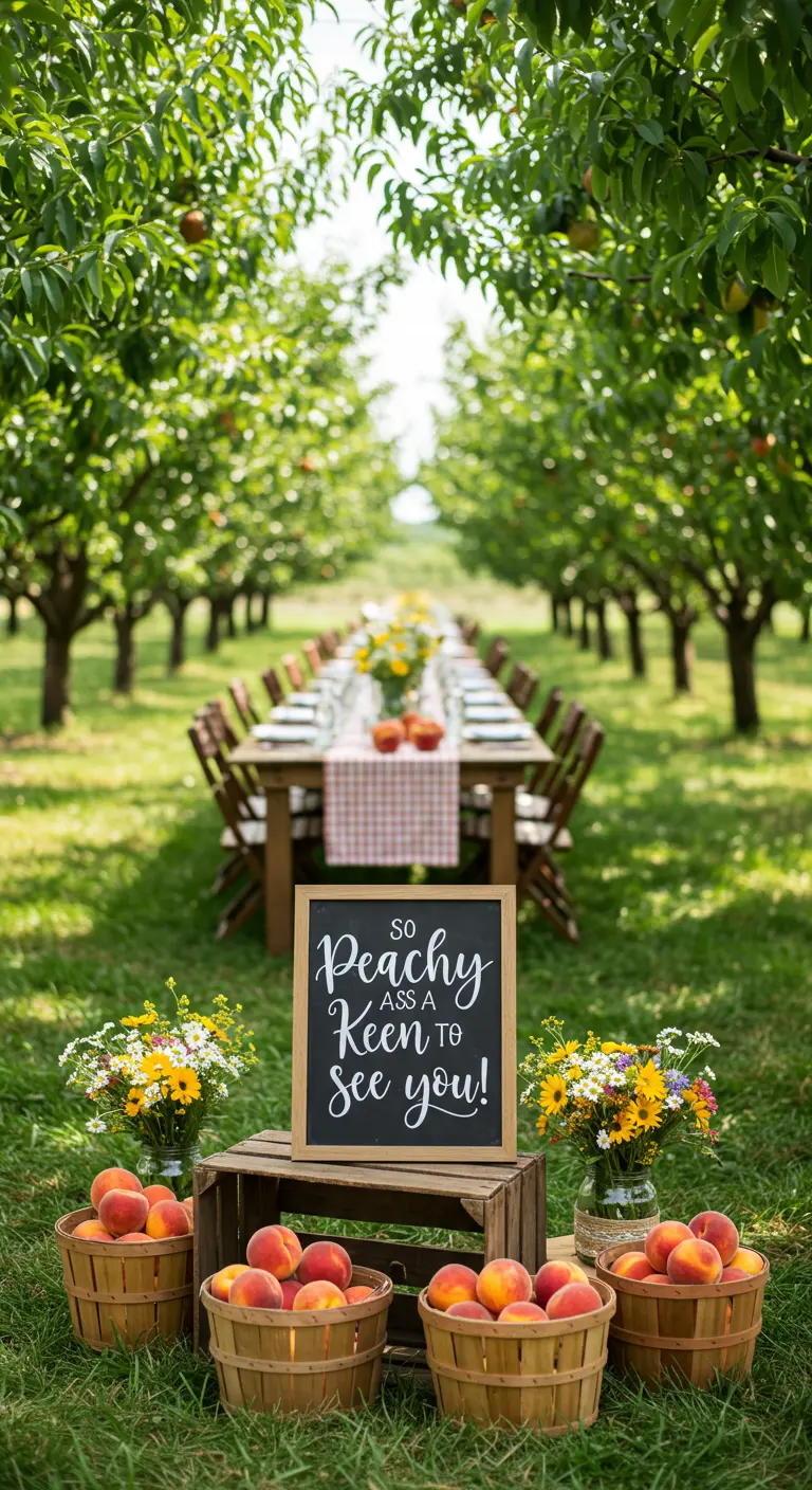 A chalkboard sign in a peach orchard that says 'So peachy keen to see you!'