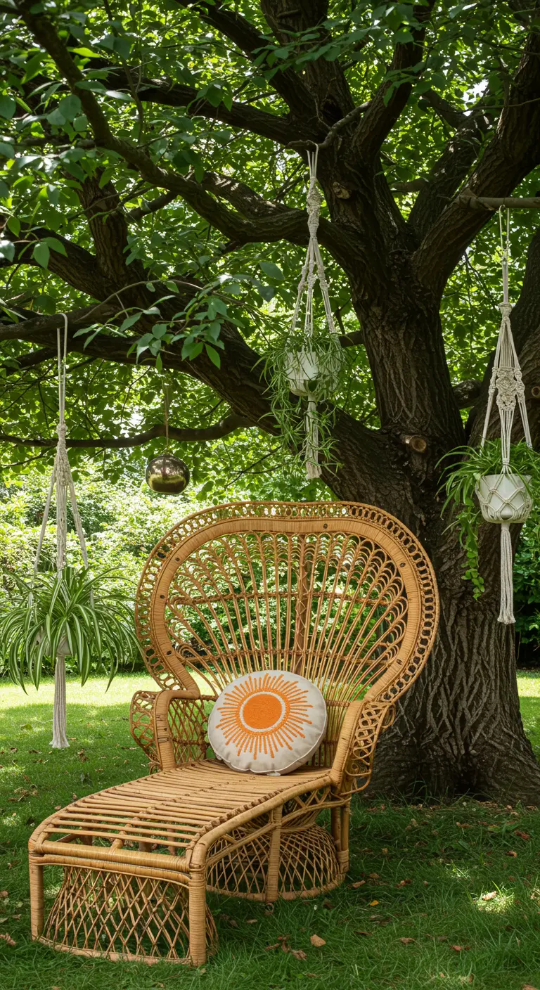 Ornate peacock rattan chaise lounge under a large green tree with hanging plants.