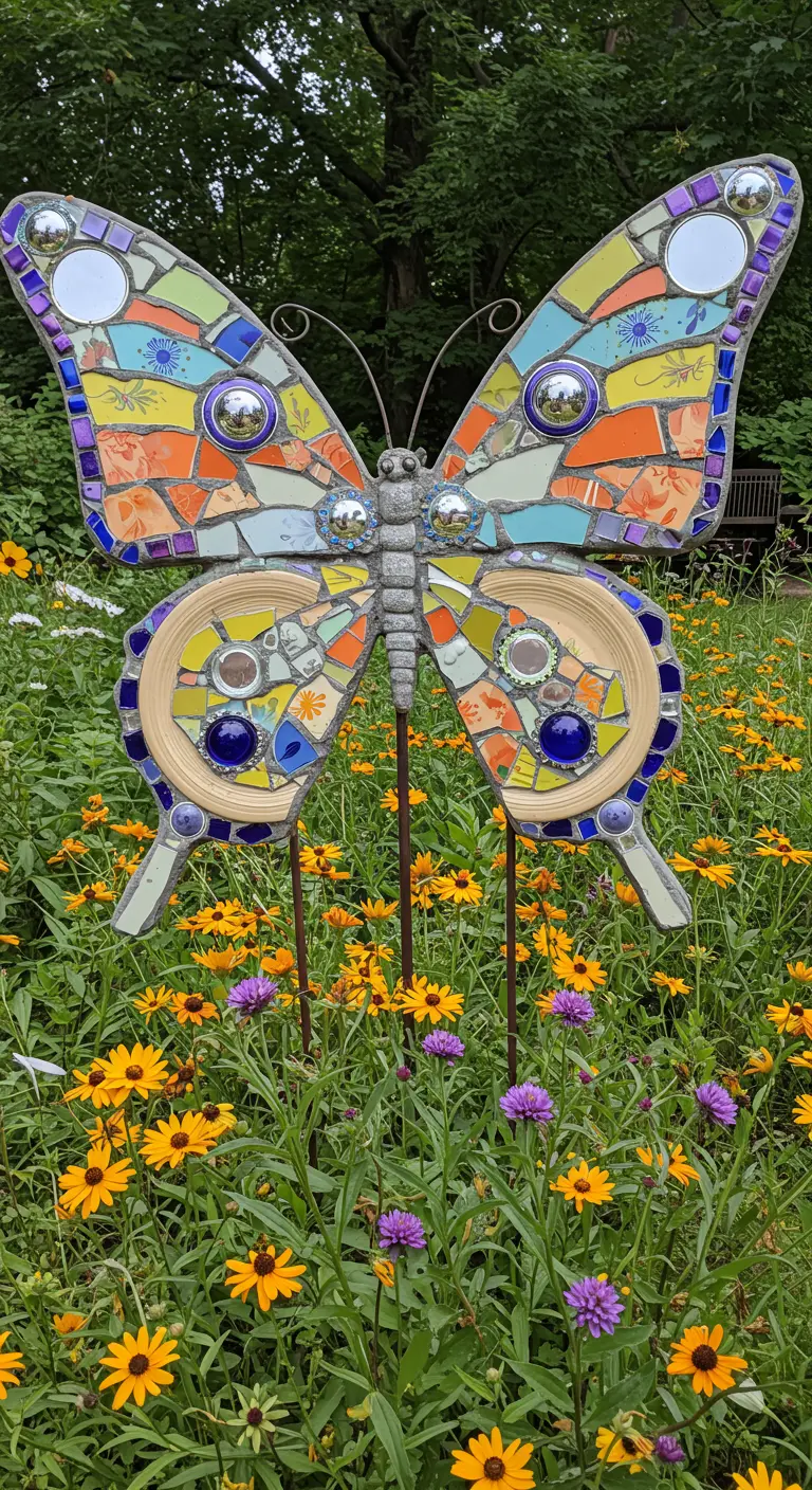 A colorful mosaic butterfly sculpture on stakes in a field of yellow wildflowers.