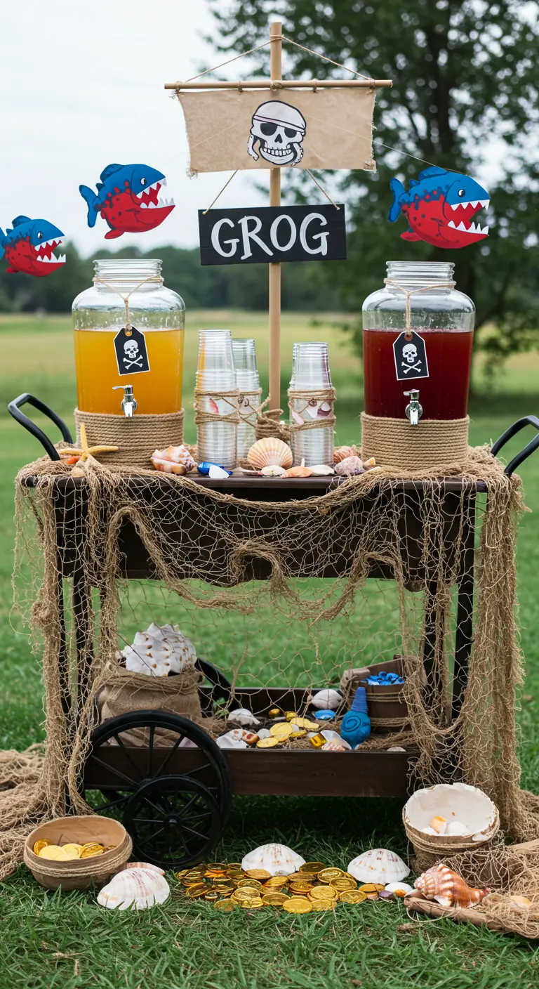 A bar cart styled as a pirate grog station with drink dispensers, nets, and a skull-and-crossbones sign.