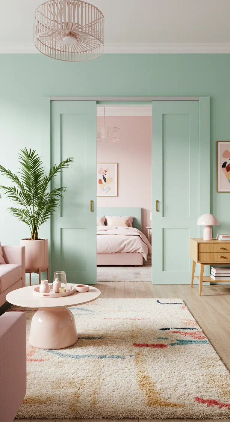 A living room with mint green sliding doors, pink furniture, and a colorful abstract rug.