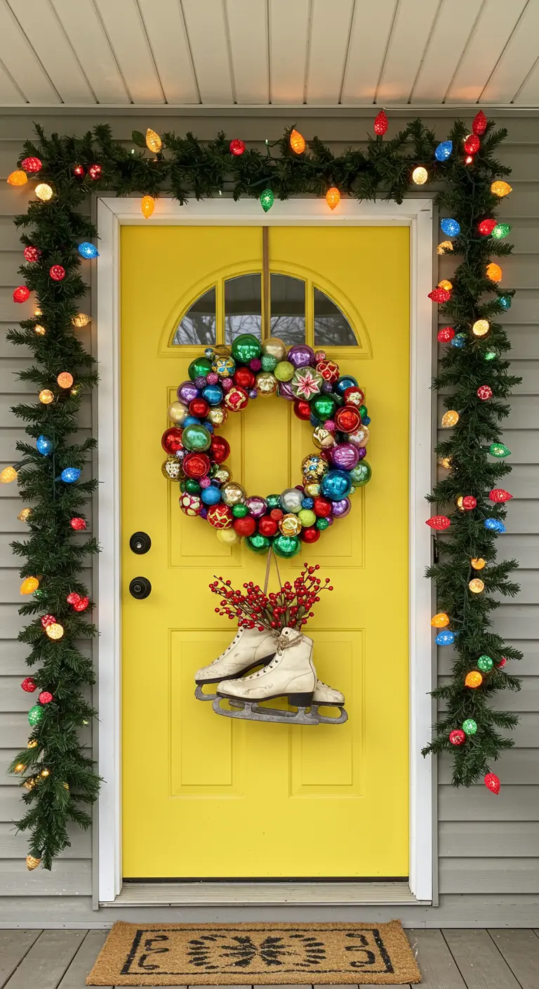 Bright yellow door with a colorful ornament wreath and a pair of ice skates filled with berries.