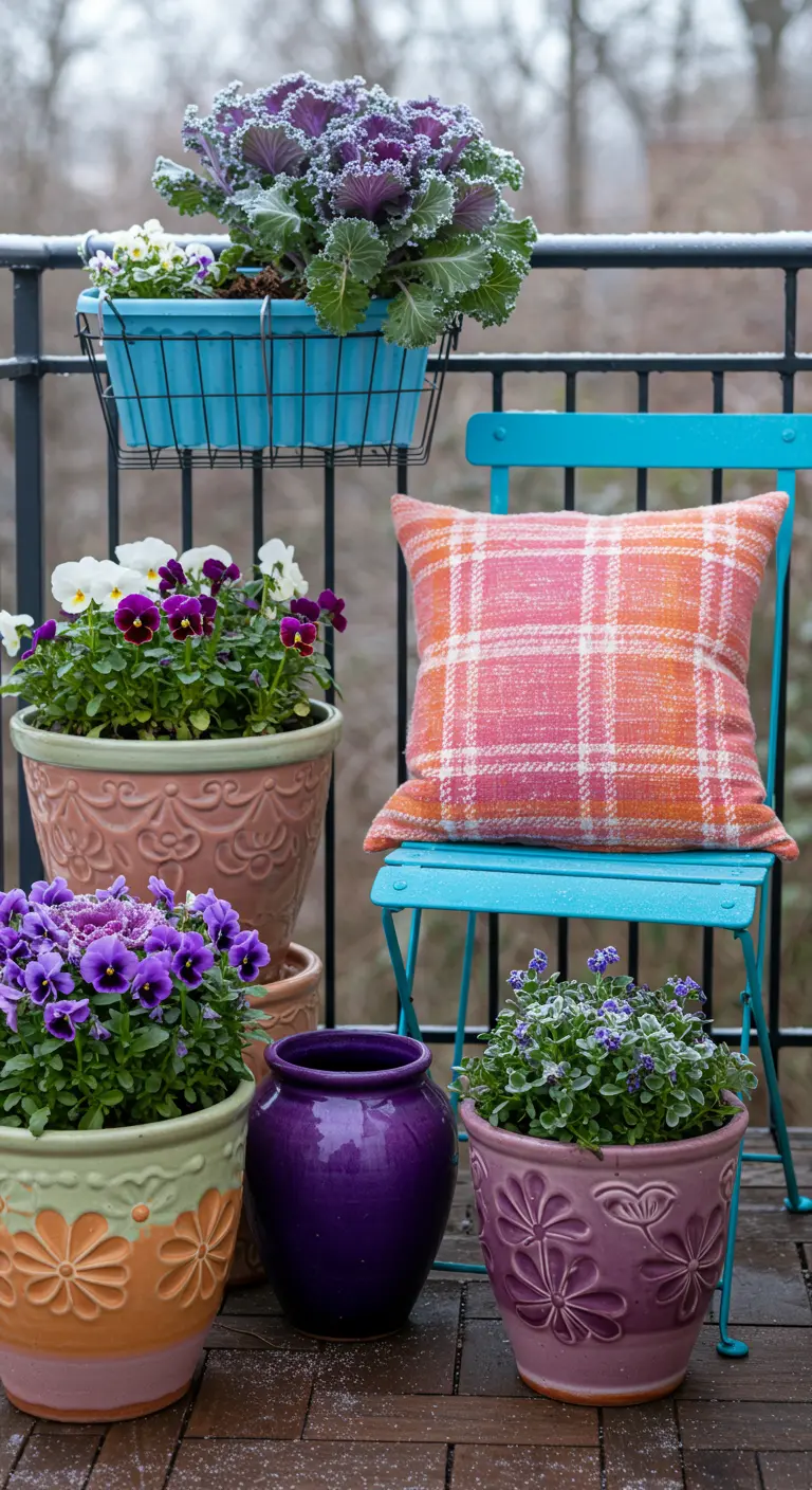 A colorful balcony with a turquoise chair, pink plaid pillow, and bright purple and orange flowers.