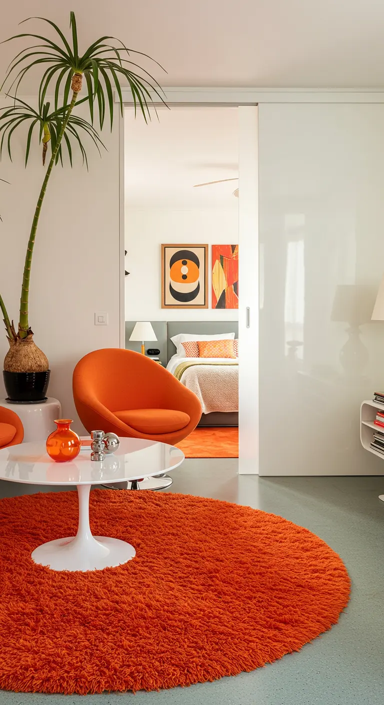 Retro-inspired living room with a bright orange shag rug and orange accent chair.