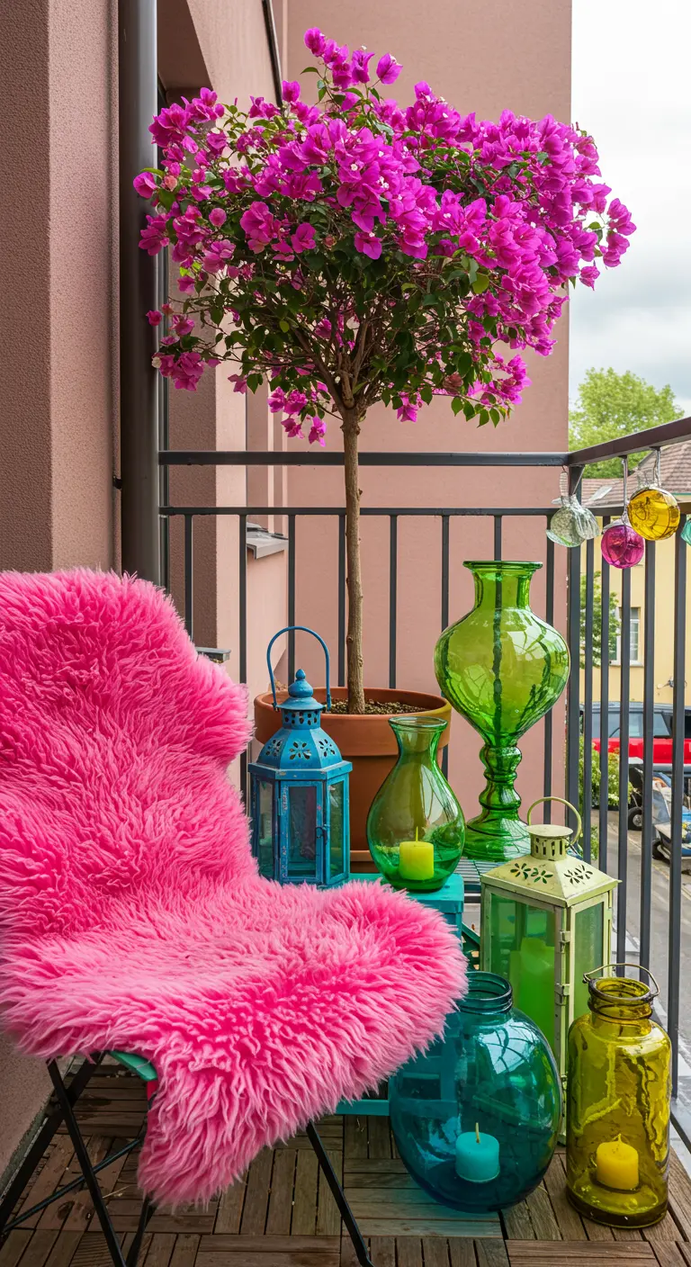 A vibrant balcony with a bright pink sheepskin, a blooming bougainvillea, and colorful lanterns.