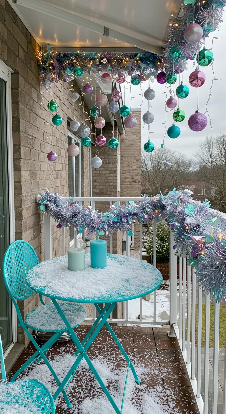 Balcony with a turquoise bistro set, pastel baubles, and iridescent tinsel.