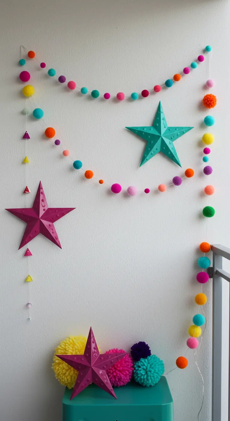 A white wall decorated with colorful pom-pom garlands and bright paper stars.