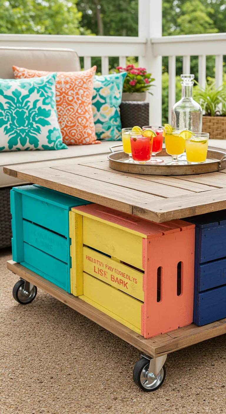 Crate coffee table with each crate base painted a different bright color.