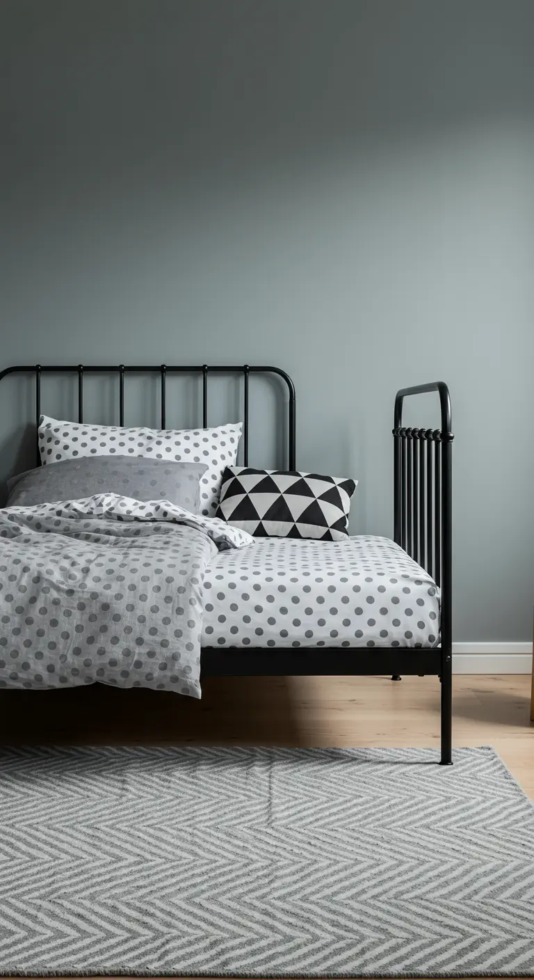 Child's bedroom with a black metal bed, gray polka dot bedding, and a geometric pillow.