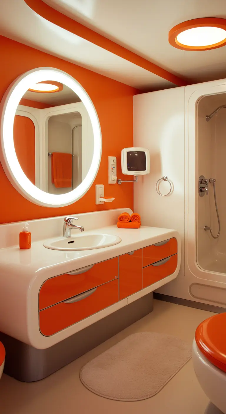 Retro-futuristic bathroom with orange walls and curved white furniture.