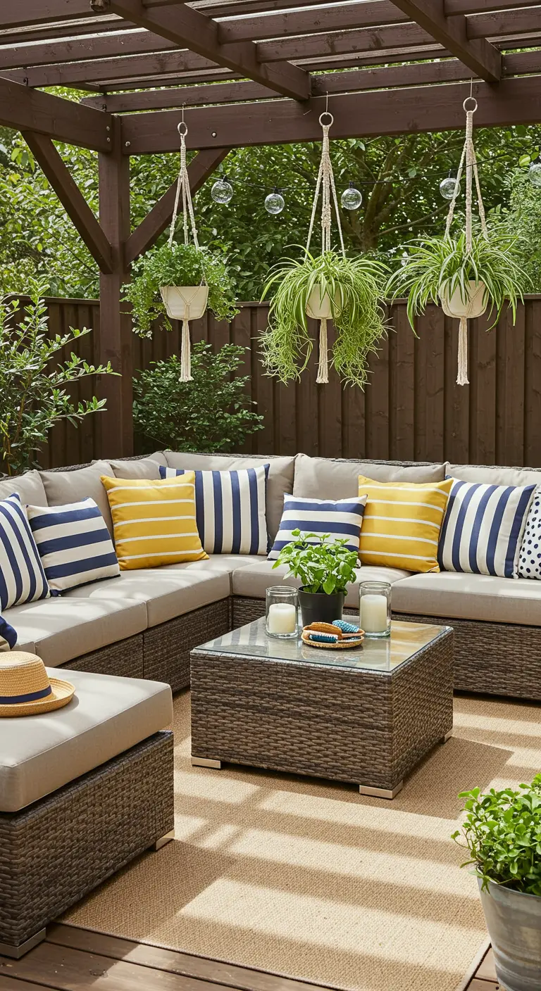 Wicker sectional under a pergola with blue and yellow striped pillows.
