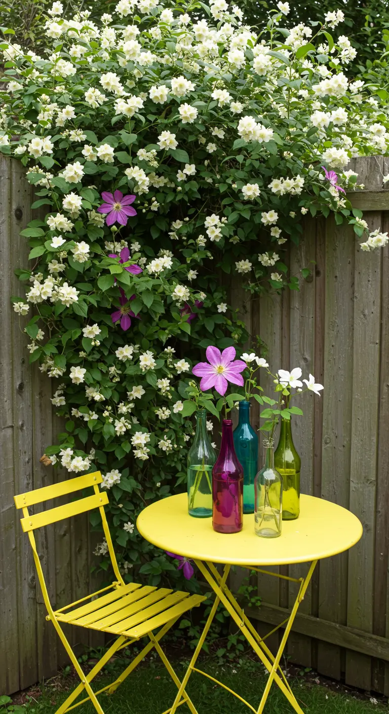 A bright yellow bistro table and chair against a wooden fence with climbing jasmine and clematis.