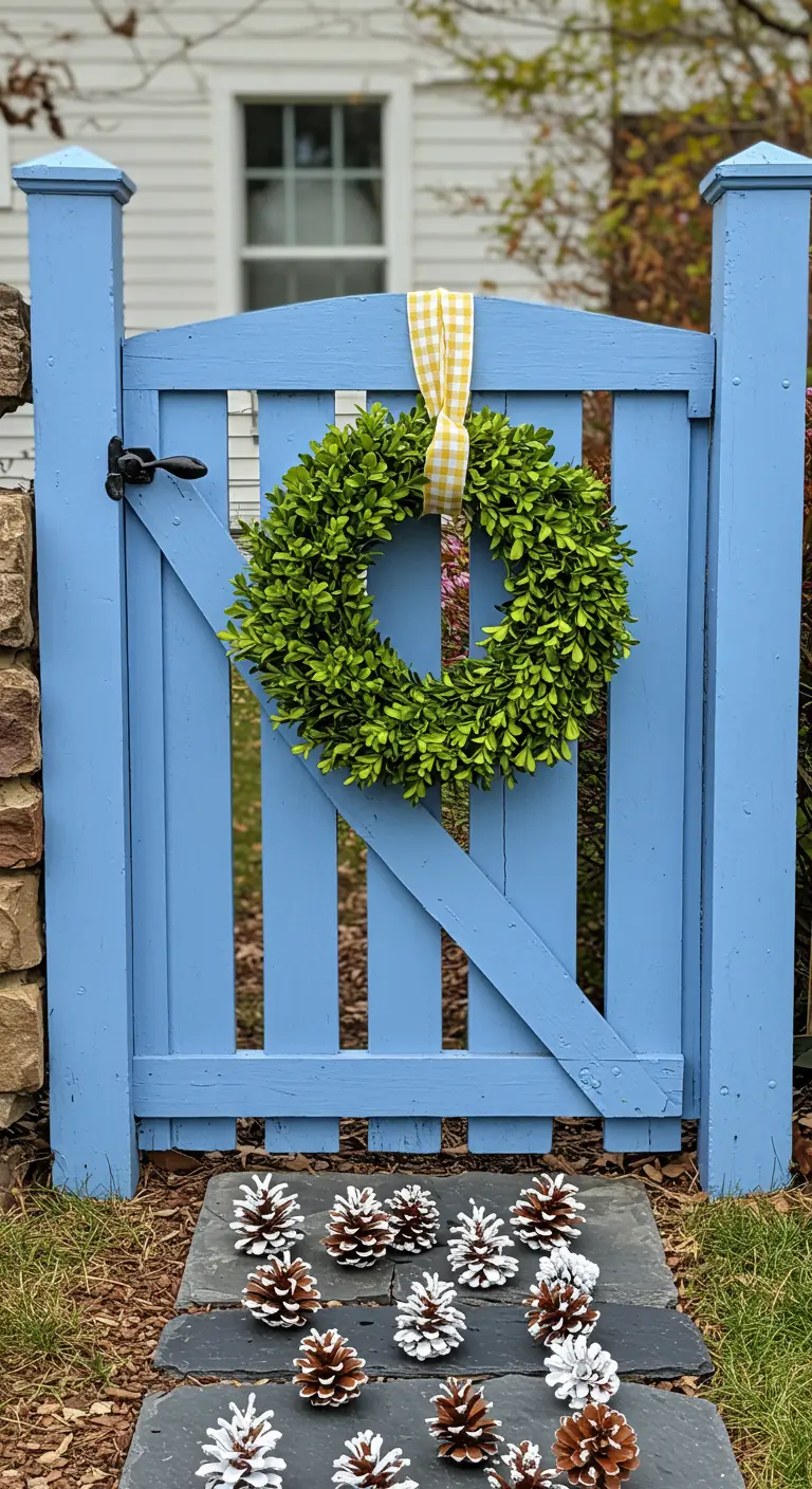 A bright green boxwood wreath with a yellow gingham bow on a cheerful blue garden gate.